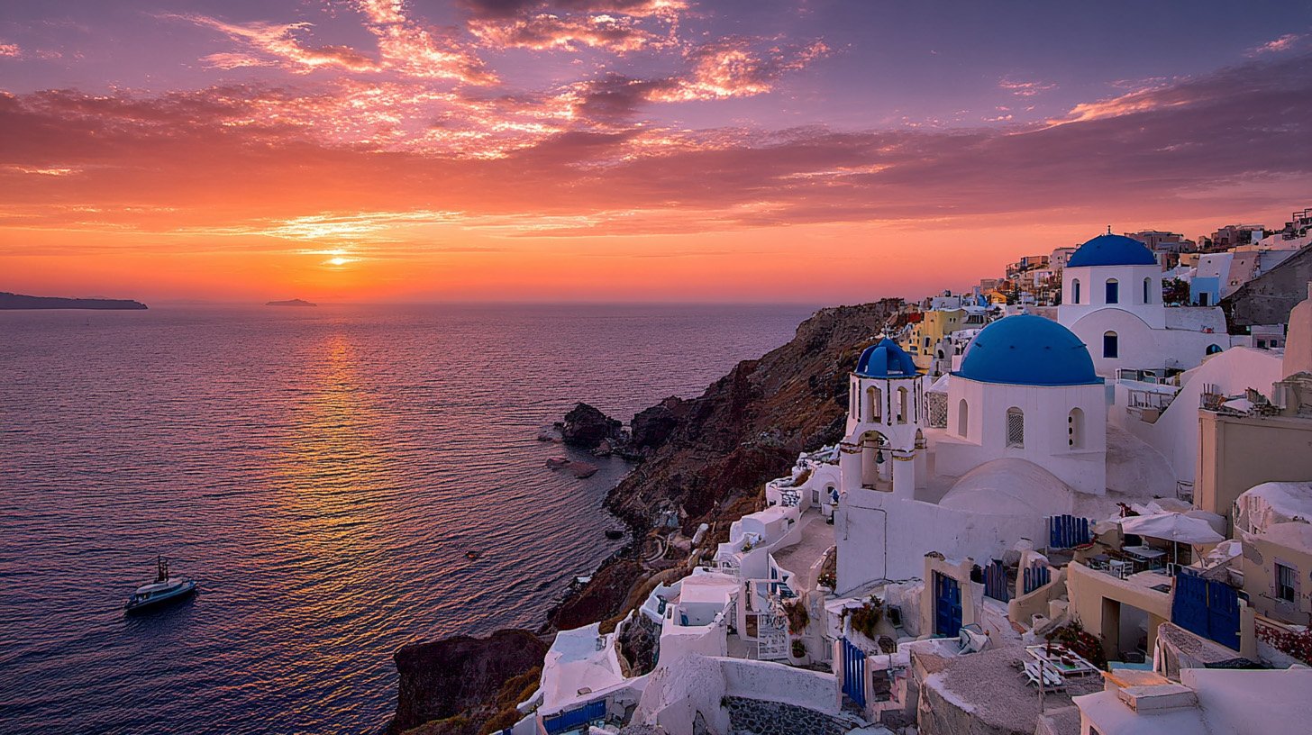 Oia Santorini Blue Domes and Sunset